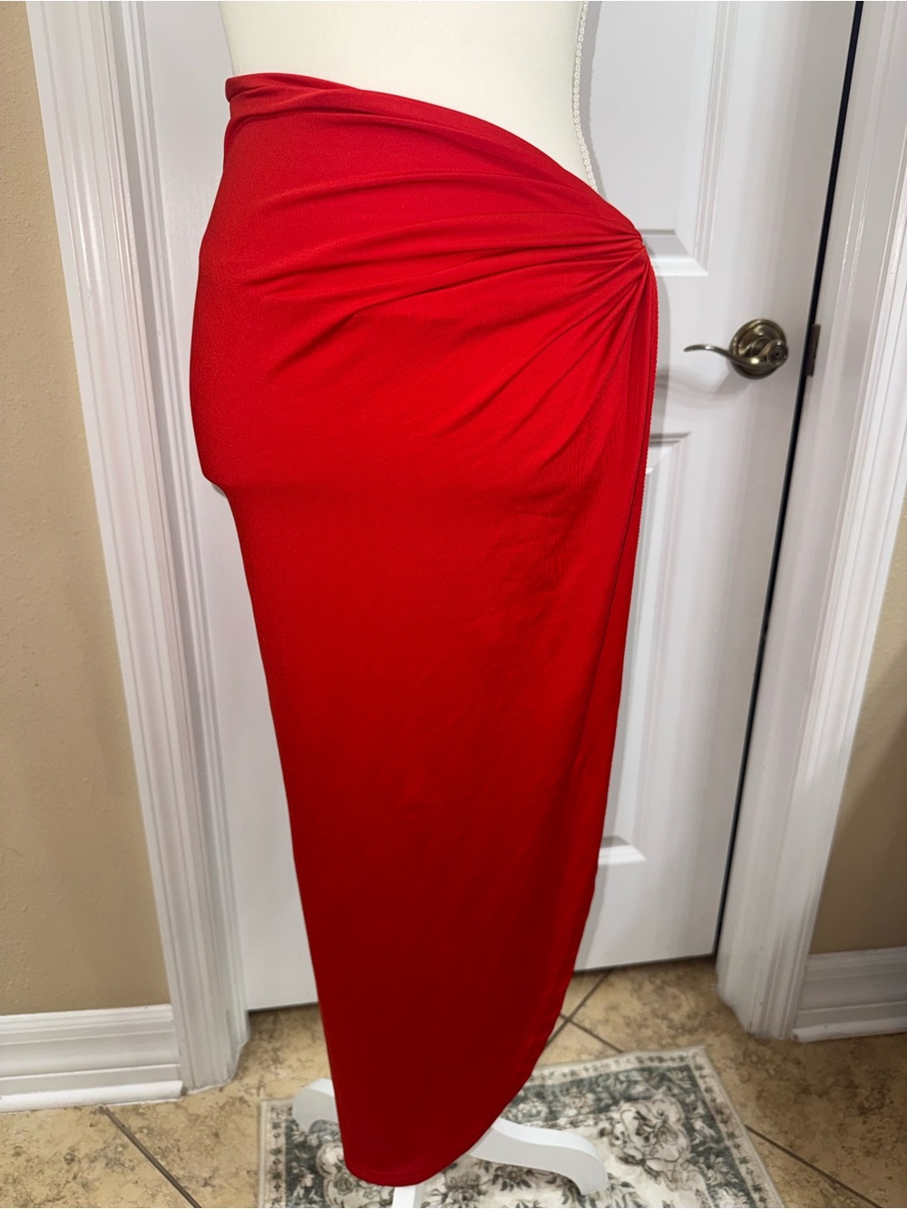 Red Draped Side-Twist Maxi Skirt